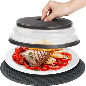 Microwave Splatter Cover & Silicone Mat  Collapsible, Vented, Reusable Food Guard and Plate Cover with Heat-Resistant Trivet for Pots, Pans, and Kitchen Counter, Black (10in)