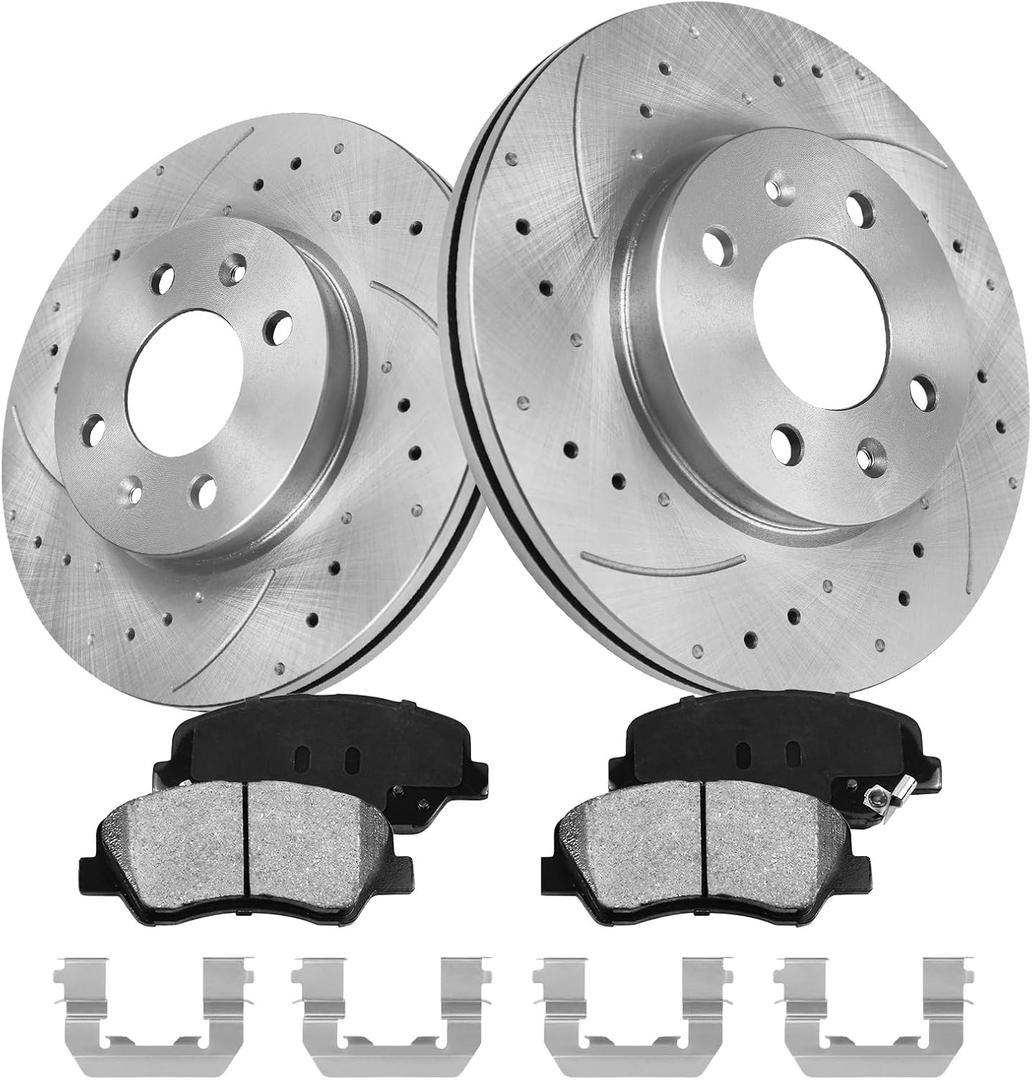 Anpulsero Front Brake Pads and Rotors Kit Compatible with Select Hyundai and Kia Models, Accent/Rio 2012 2013 2014 2015 2016 2017,1.6L,Drilled Slotted Rotors Ceramic Brake Pads 10.1 inch(255.8mm)