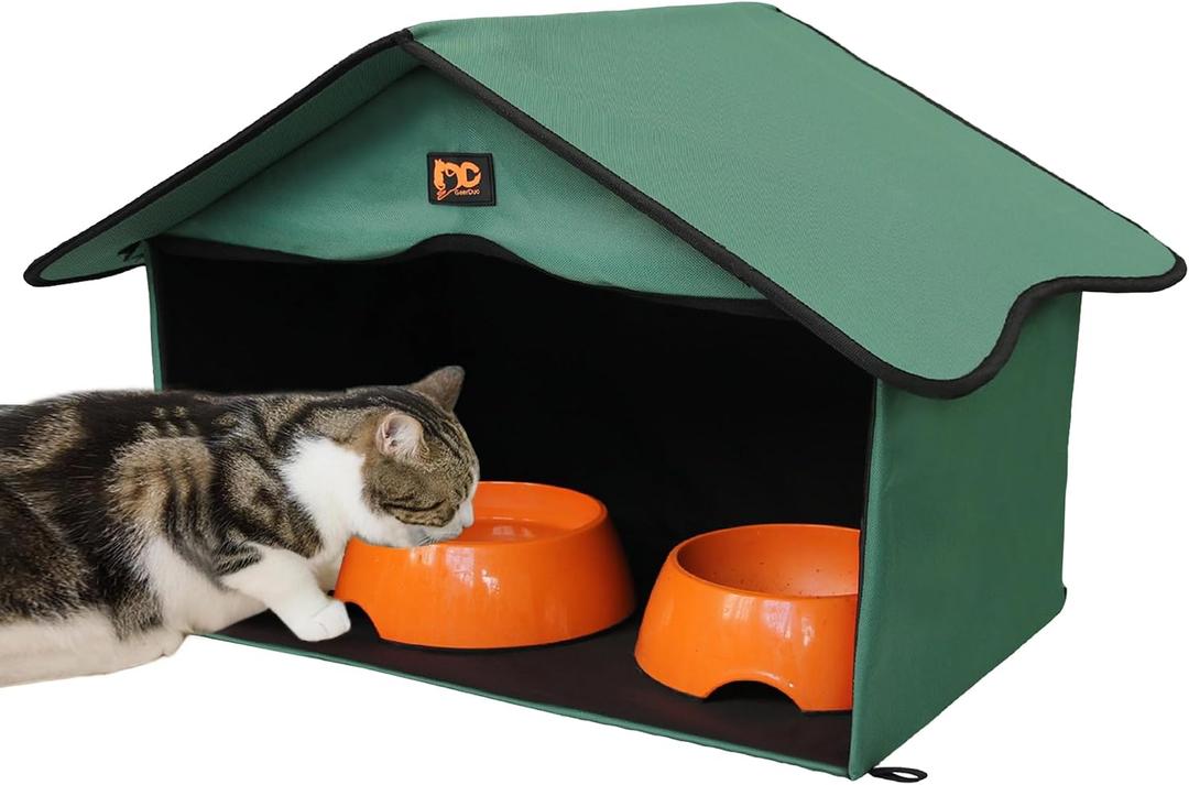 Outdoor Cat House, Waterproof Pet Shelter/Dining Room, for Feral/Community Cats (Feeding Station,Green)