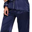 SWOMOG Womens Silk Satin Pajamas Set Long Sleeve Button Down Sleepwear 2 Piece Lounge Set Pj Set XS-3XL (Large, Deep Navy Blue)