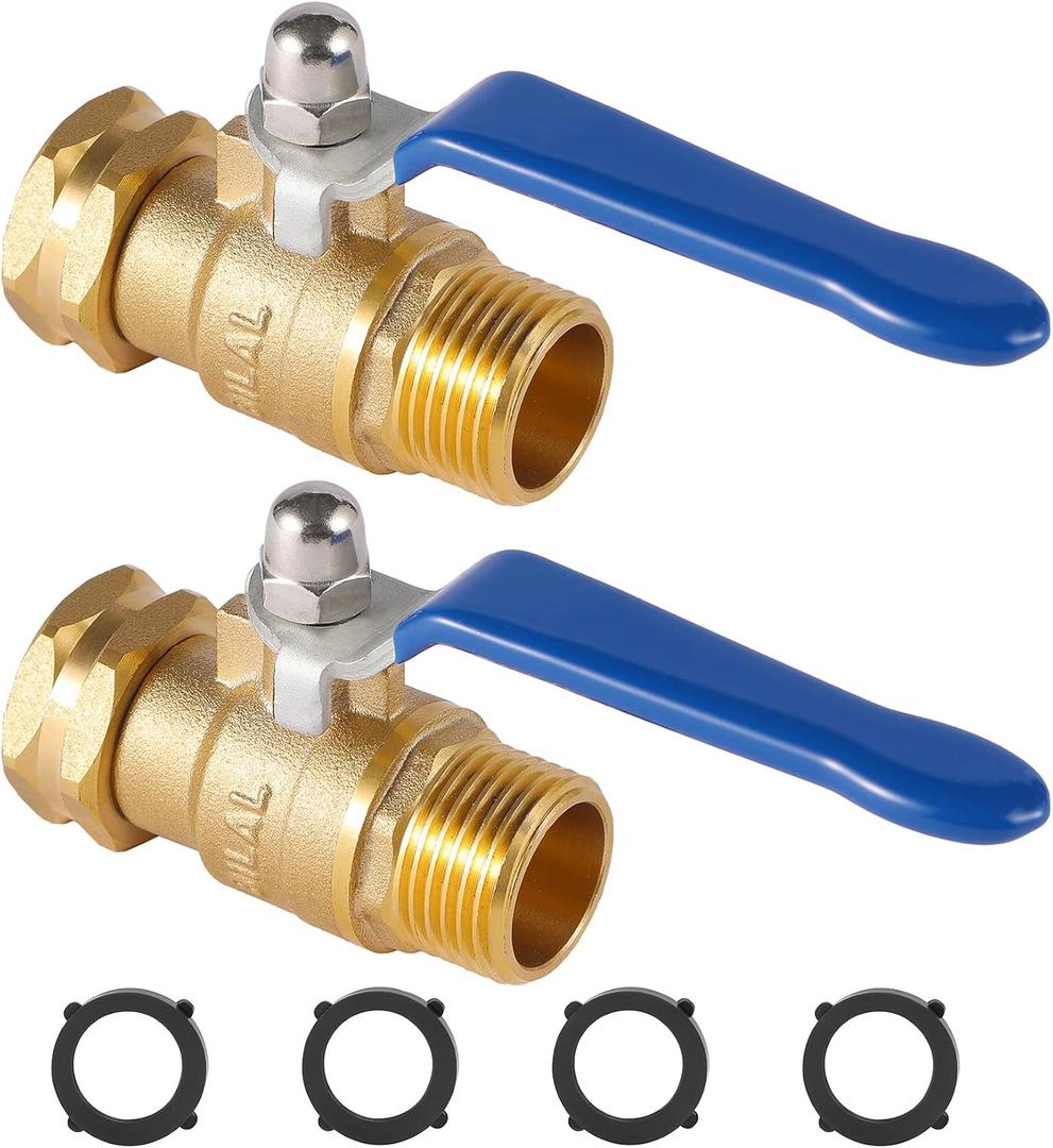 BILAL Heavy Duty Garden Hose Shut Off Valve with Long Handle, High Flow Hose Ball Valve 3/4" GHT Brass Water Valve Shutoff Tool with Rubber Washers, Garden Hose Connector Adapter Fittings (2 Pack)