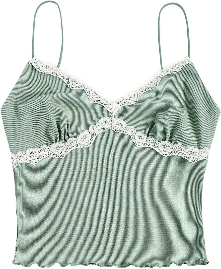 Women's Lace Trim Casual Cami Top (Mint Green, XS)