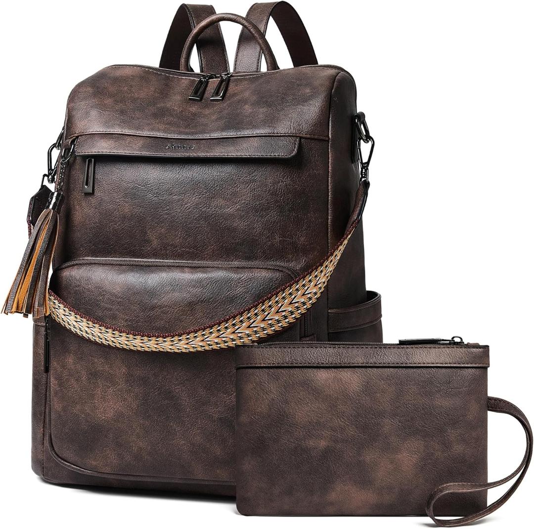 Shrrie Vegan Leather Laptop Backpack for Women 15.6 inch Work Backpack Fashion Travel Backpack Purse for Travel College Work (2 Two-toned Coffee)