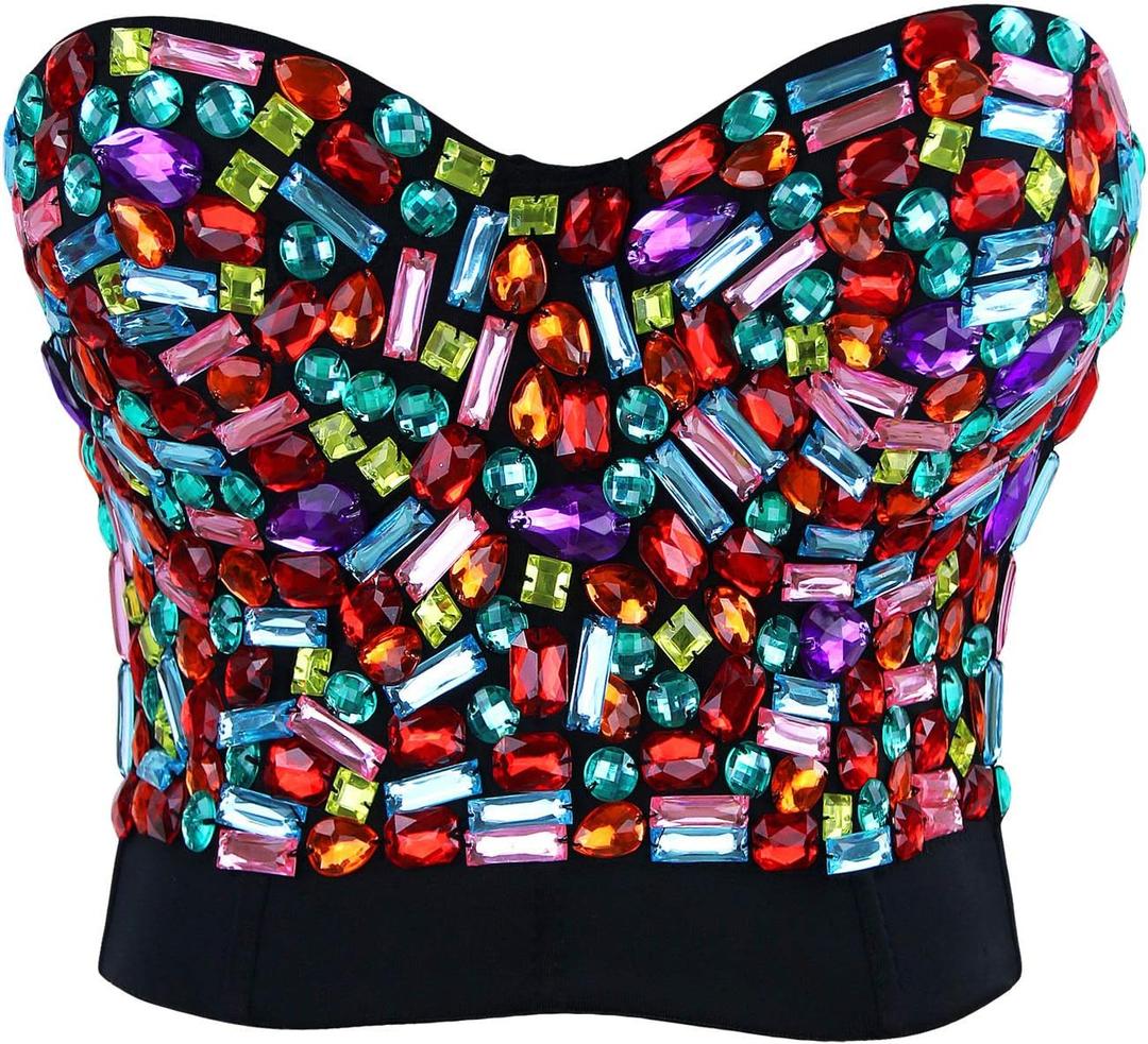 Charmian Women's Colorful Rhinestone Push Up Bra Clubwear Party Bustier Crop Top Valentines Bra Top Black Large