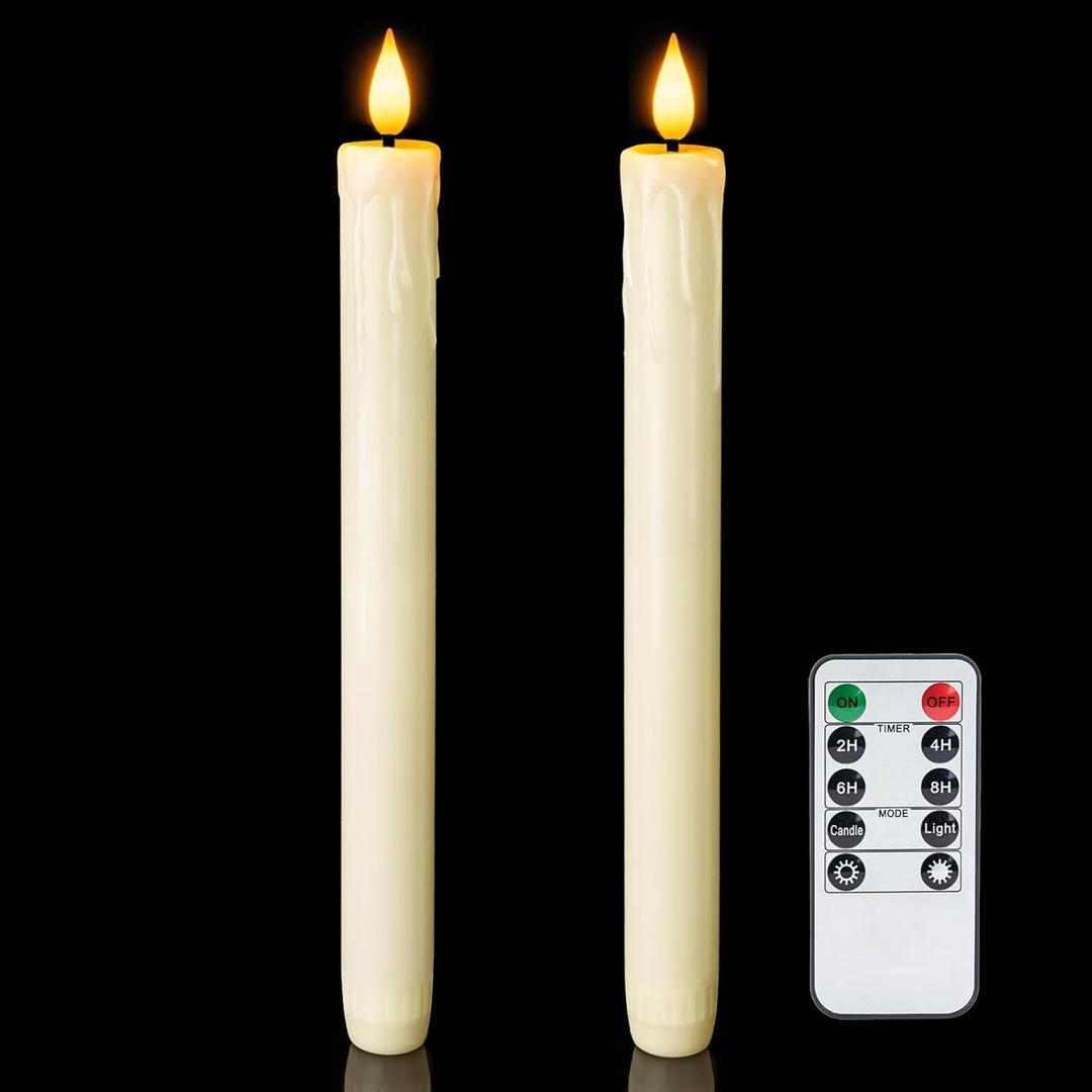 Homemory 2 PCS Flameless Taper Candles with Remote and Timer, 9.6 inch Ivory LED Candle Sticks Battery Operated, Dripless Real Wax Window Candles with 3D Flickering Flame for Fireplace Christmas