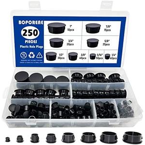BOPOREAE 250 PCS 8 Sizes Nylon Plastic Hole Plugs Black 1/4, 5/16, 3/8, 1/2, 5/8, 3/4, 7/8, 1 Inch Round Hole, Flush Type Panel Knockout Locking Plugs, Furniture Cabinet Pipe Insert End Covers Caps