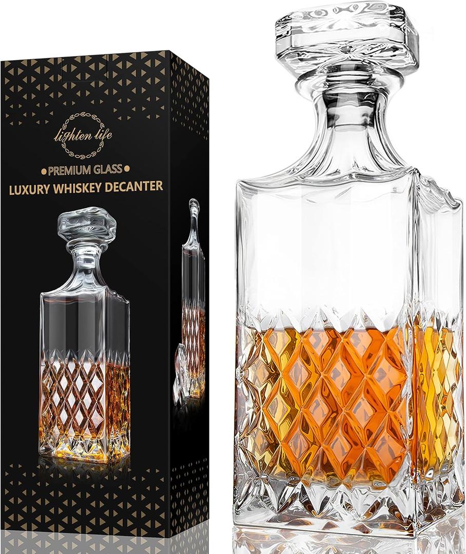 LIGHTEN LIFE Whiskey Decanter 29oz Crystal with Stopper, Non-Lead, 828ml, Clear, Durable, Dishwasher Safe, Classic European Design, Gift Box Included