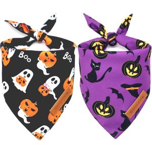 Realeaf Halloween Dog Bandanas 2 Pack, Reversible Orange Pumpkin Pet Scarf for Boy and Girl, Premium Durable Fabric, Holiday Bandana for Small Medium Large and Extra Large Dogs (Large)