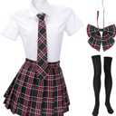 PROCOS Women Japanese Uniform Outfit US Size Costume with Plaid Bow Tie 5 PCS for Halloween (Large, Red Black Plaid)