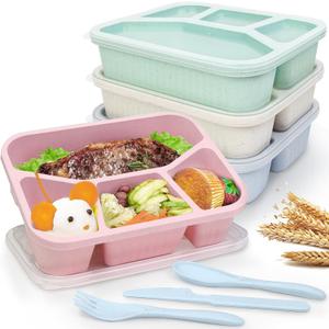 godehone Snack Containers for Adults(4 Pack),Snack Bento Box Reusable, 4-Compartment Snackle Box Perfect for Work & Travel, Wheat Straw Material, 4 Colors
