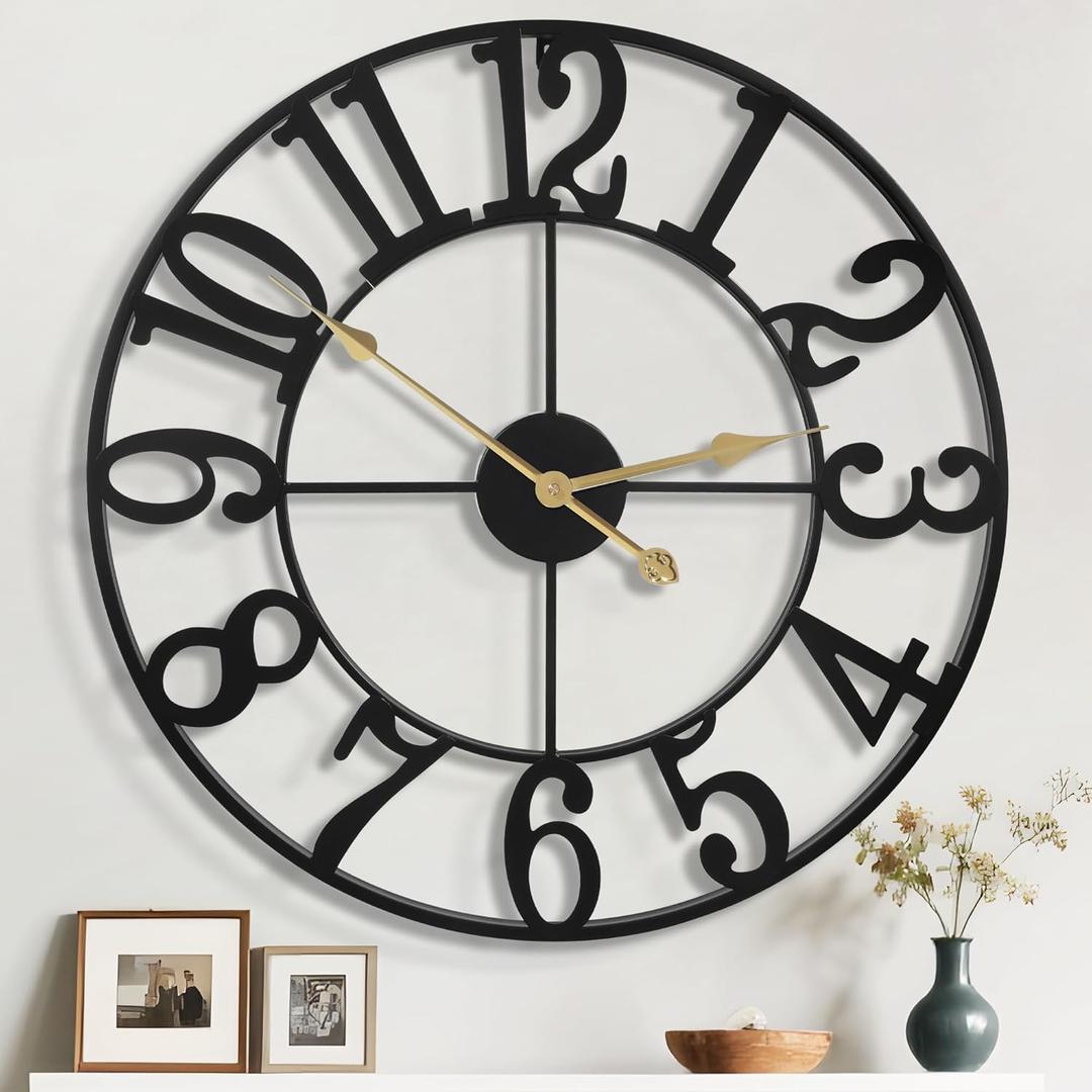 30" Extra Large Wall Clock, Silent Rustic Metal Wood Face Decorative Clock, Battery Operated Farmhouse Modern Oversized Wall Clocks for Living Room, Bedroom, Kitchen, Office, Home Decor (Black - Arabic Numbers)