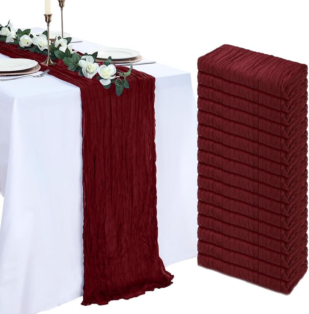 16 Pack Burgundy Cheesecloth Table Runner 10ft Boho Gauze Fabric 120 Inch Cheese Cloth Table Runner Rustic Sheer for Wedding Decor Baby Shower Party Centerpiece Decoration