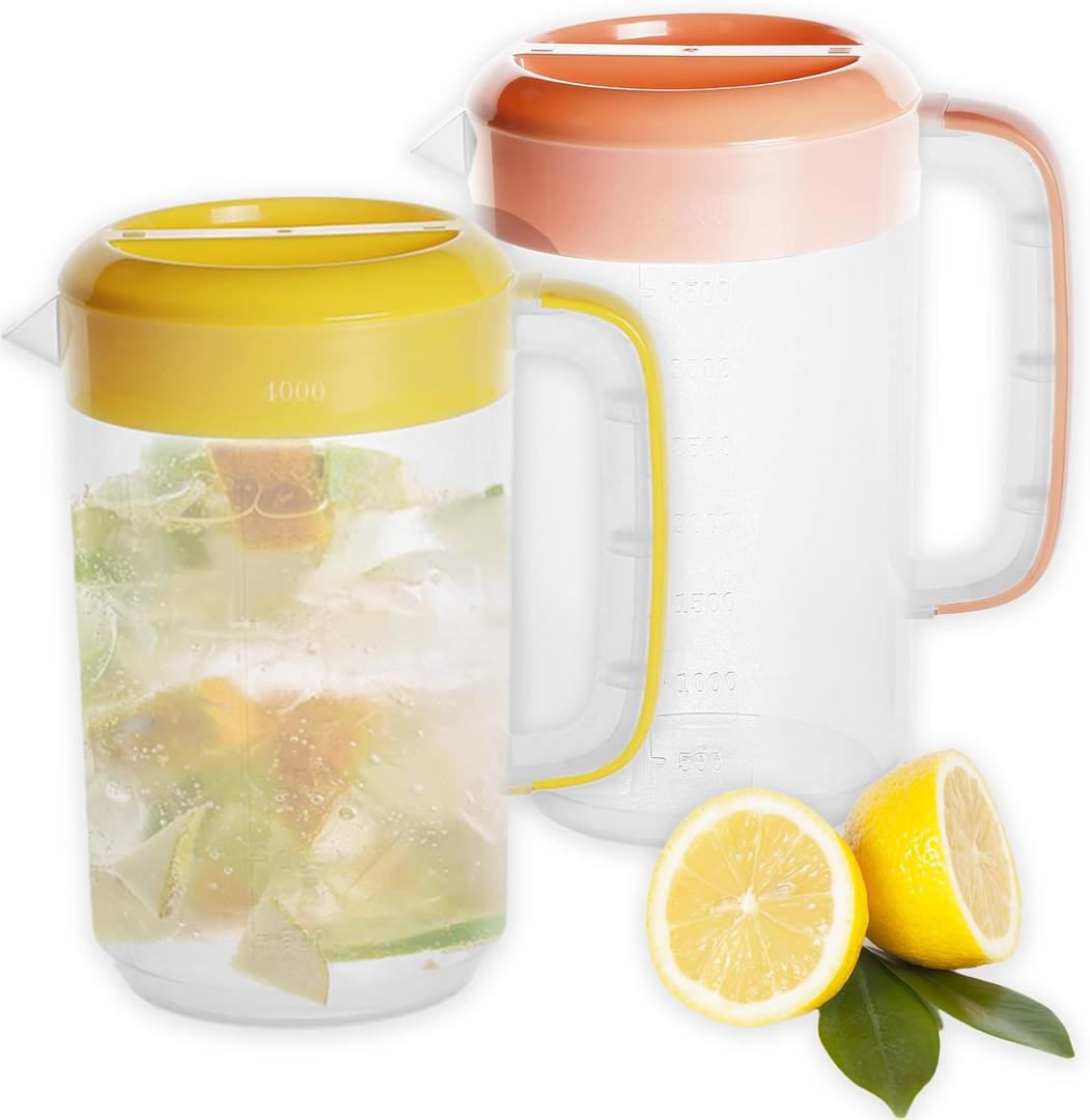 2 Pack 1 Gallon Plastic Straining Pitcher with Lid - Large Water Pitcher with Handle and Measurements for Cold Drinks and Iced Tea - Pink, Yellow