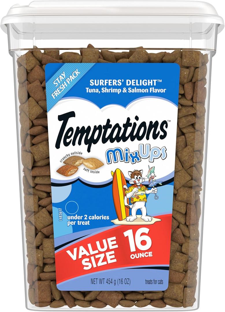 Temptations MixUps Surfer's Delight Flavor Crunchy and Soft Cat Treats, 16 oz. Tub (1 Pound (Pack of 1)) Best By: 10/2025