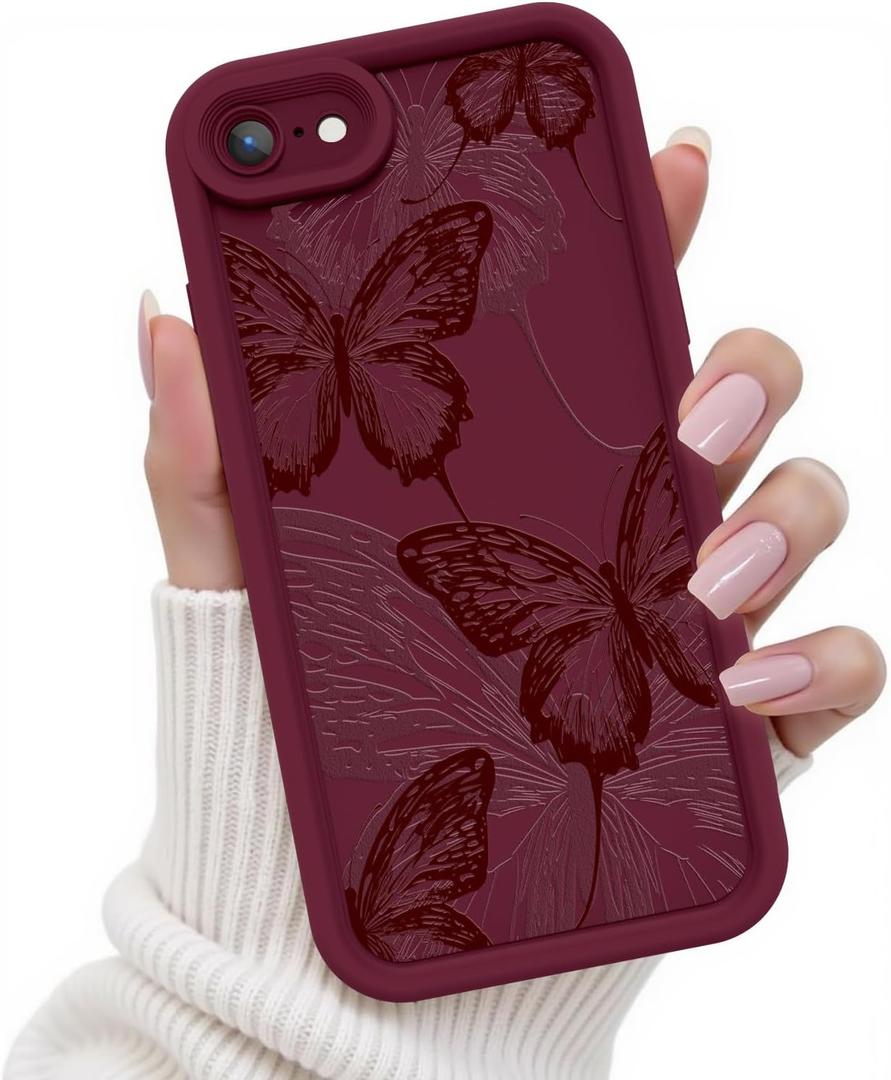 for iPhone SE/8/7 Case, Creative Butterfly Pattern Design for Girl Women, Soft Silicone Shockproof Anti-Scratch Protection Phone Cover for iPhone SE/8/7 (Burgundy Red Butterfly)