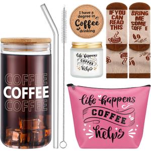 Dandat 5 Pieces Coffee Lovers Gifts Set 20 oz Iced Drink Cups with Lids and Straws Round Cork Coaster, Socks, Makeup Bag, Candle Jar Coffee Gift Basket for Men Women