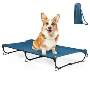 CANINE CANYON Daisy Cot, Medium Foldable Elevated Dog Bed, Portable Raised Outdoor Folding Dog Cot, Cooling, Chew Proof, Waterproof, Heavy Duty Up to 160 Lbs for Camping/Home, Dark Blue, 32"x 19"x6"