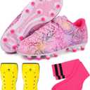 Brooman Kids Firm Ground Soccer Cleats Girls Football Cleats with Shin Guards and Soccer Socks, Size 2 (Pink)
