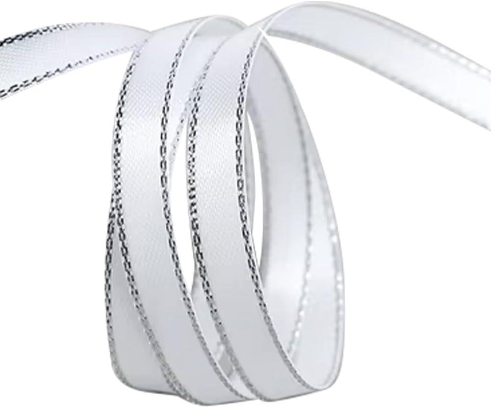100 Yards 3/8 Inch White Silver Ribbon Double Edge Metallic Border Ribbon Polyester Grosgrain Ribbons Bulk with Spool for Sewing Making Crafts Wedding Bouquet Gift Wrapping Christmas Supply