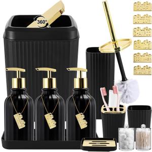 17PCS Bathroom Accessories Bathroom Set Black Bathroom Accessories,Toilet Brush, Trash Can, Qtip Holder Dispenser& 3PCS Soap Dispenser