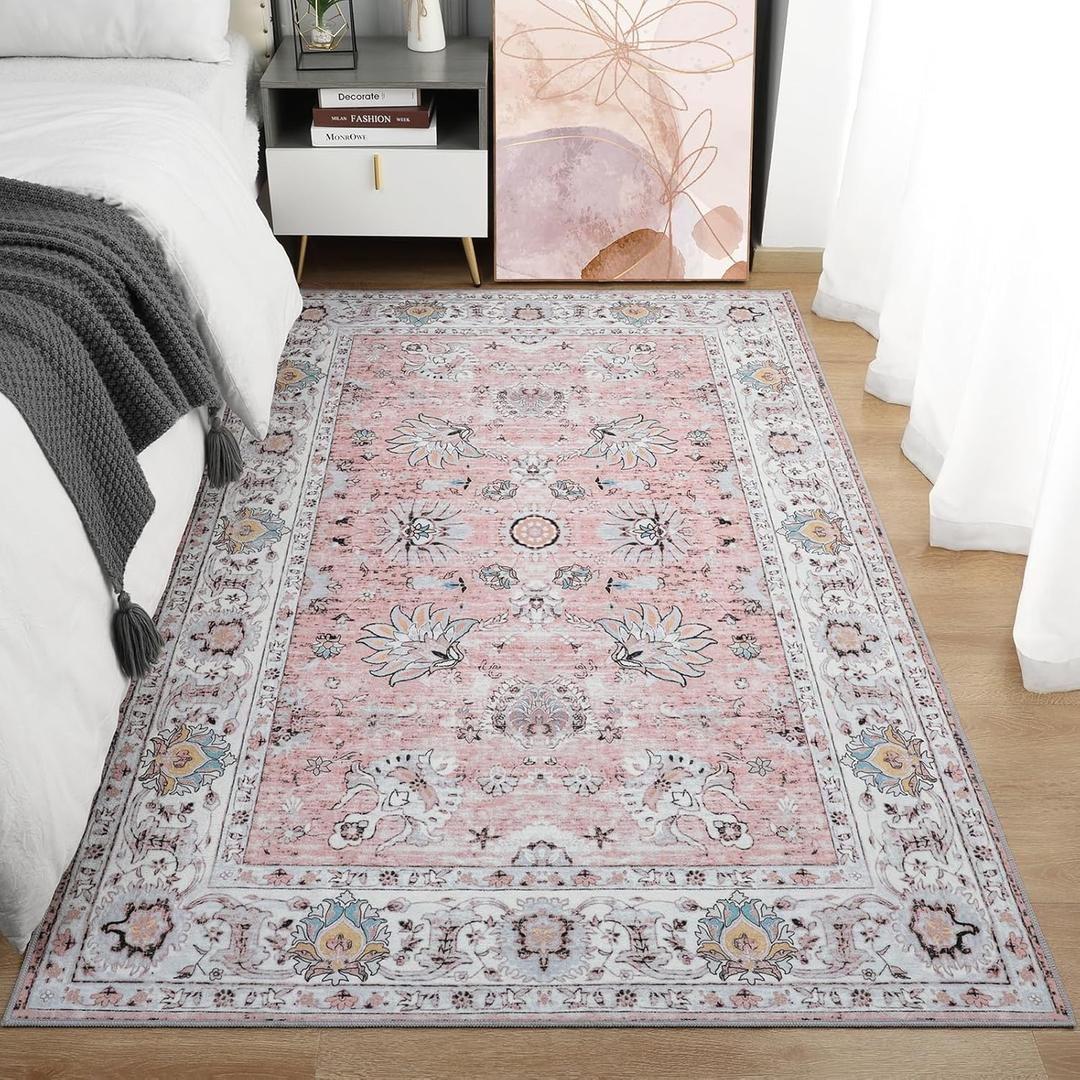 Machine Washable Rug 4x6 Boho Area Rug, Pink Rugs for Bedroom Girls Bedside Living Room Dining Room Office, Anti Slip Low-Pile Stain Resistant Printed Vintage Floral Carpet Rugs
