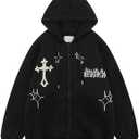 Gothic Embroidery Hoodies Women Retro Harajuku Hip Hop Jacket Zip Up Hoodie Loose Sweatshirt Clothes Y2K Tops (Black, M)