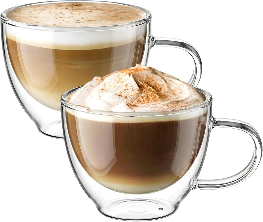 ecooe Double Walled Glass Coffee Mug 12 oz Latte Cappuccino Cups Set of 2, Clear Glass Coffee Cups with Handle, 350 ml Insulated Coffee Cup Borosilicate Heat Resistant Glass Mug Tea Cup