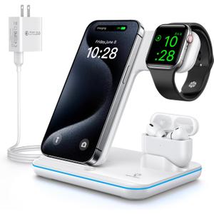 WAITIEE Wireless Charger 3 in 1 Charging Station for for iPhone 16 15 14 13 12 11 X 8 & for Apple Watch, for AirPods 1/2/3/Pro/Pro 2 with Lightning Charging Case(White)