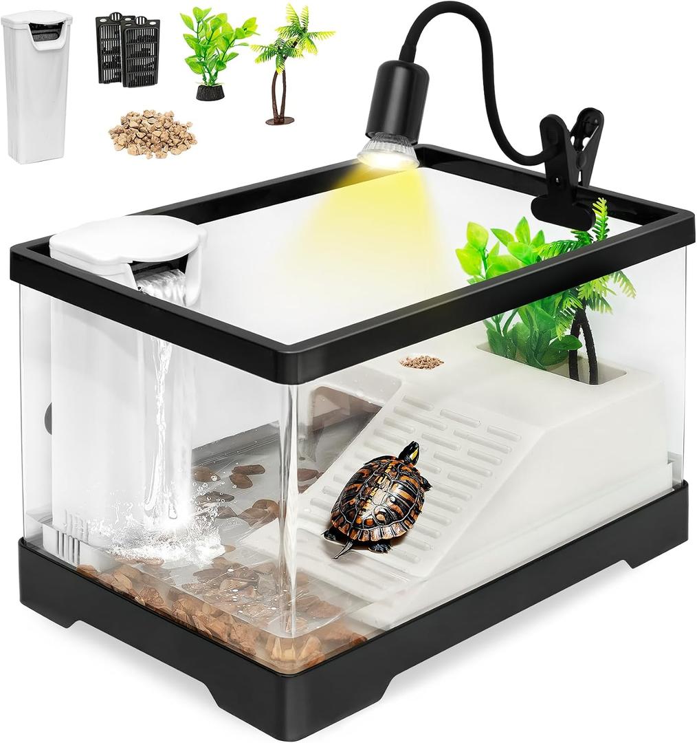 Large Turtle Tank Kit,All in One Red Eared Slider Aquarium,PC Aquatic for Baby Tortoise,Fishes and Amphibians, Includes Silent Filter,Filter Plates,UVB Lamp,Bulb,Plants,Stone,Basking Platform