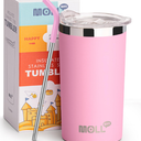 Mollcity Tumbler with Lids and Straws 12 oz Stainless Steel Double Wall Vacuum Insulated Skinny Tumbler for Girls, Leak Proof and BPA Pink