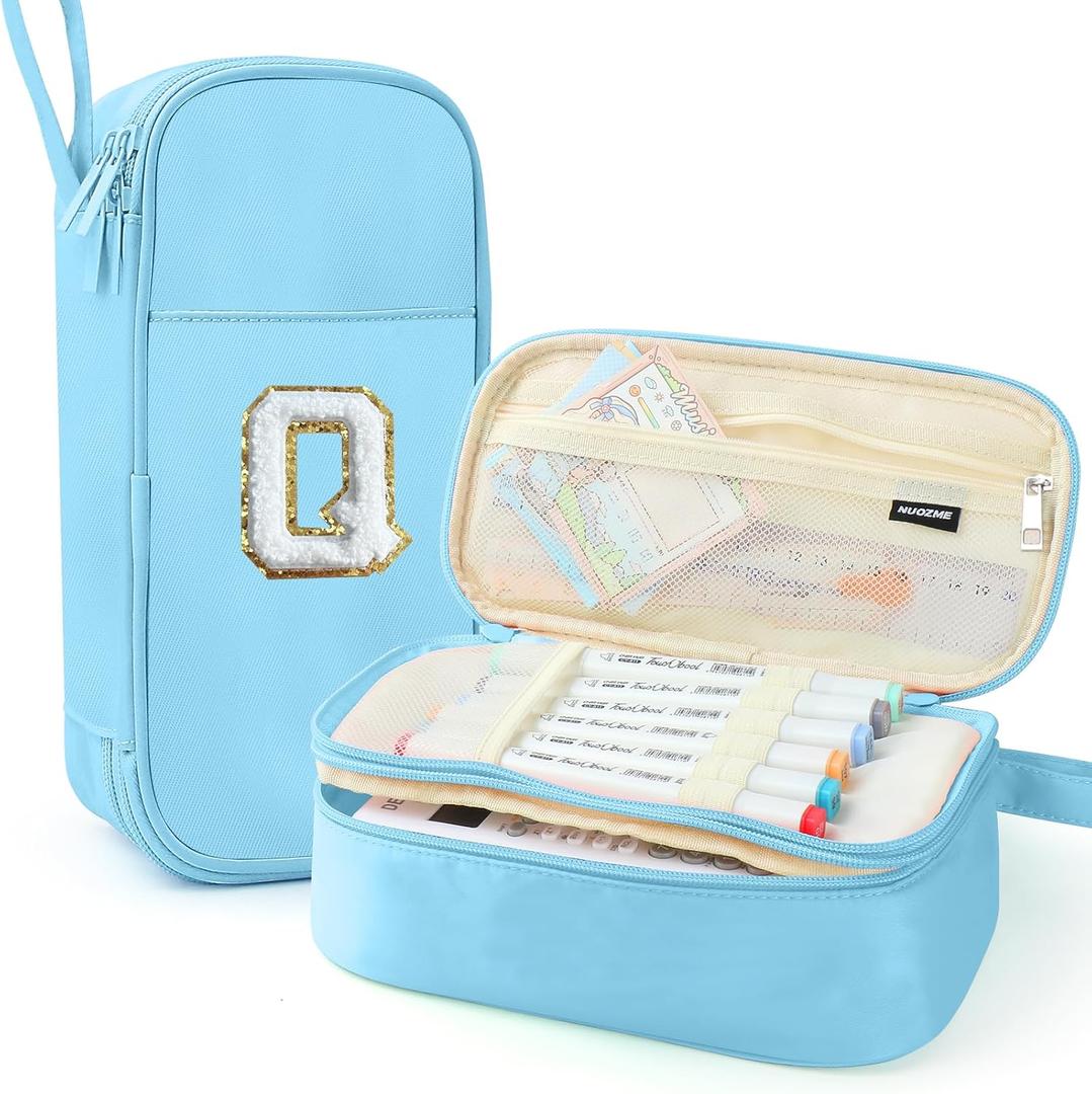 Large Pencil Case,Big Capacity Pencil Pouch,Personalized Initial Pencil Bag with smooth zipper,Multiple Pockets,Cute Aesthetic Stationery Pen Case Bag for Teen Girls College (Blue, Q)