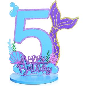 Mermaid Birthday Number Sign Centerpiece for Girls Wooden Mermaid Party Number Table Sign Decoration Supplies for Birthday Anniversary (Number 5)