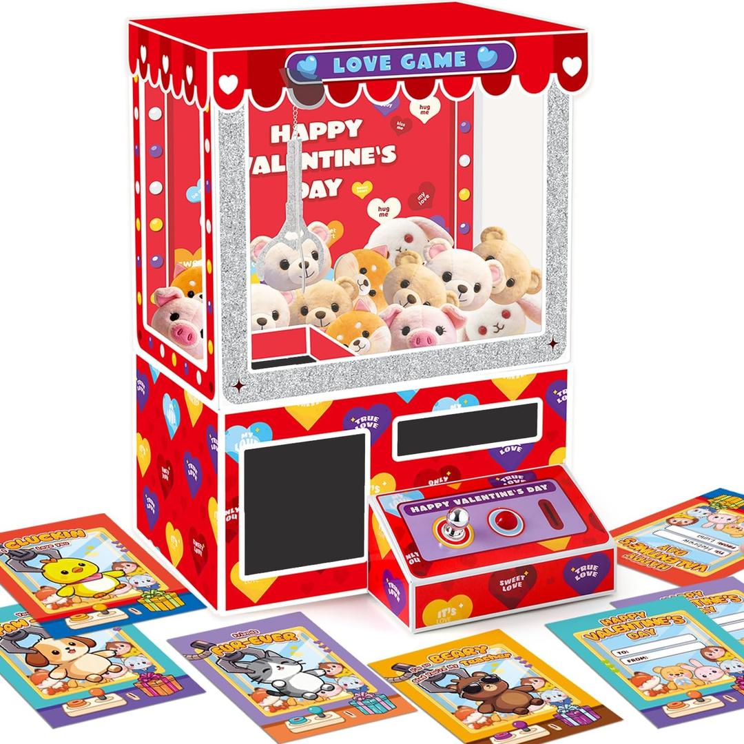 Gloween Valentines Boxes and Cards for Kids Classroom School Exchange, Great Valentines Day Gifts Party Favors for Boys Girls (1 Claw Machine Box, 32 Valentine Cards, 1 Teacher Card, Doll not Included)