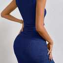 MITILLY Women Summer Formal Wedding Guest Dress Elegant Sleeveless Tank Ruched Bodycon Mini Dress with Slit (Blue, L)