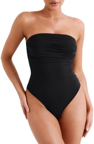 REORIA Women's Sexy Strapless Ruched Bodysuit Tube Top Sleeveless Trendy Body Suits, L
