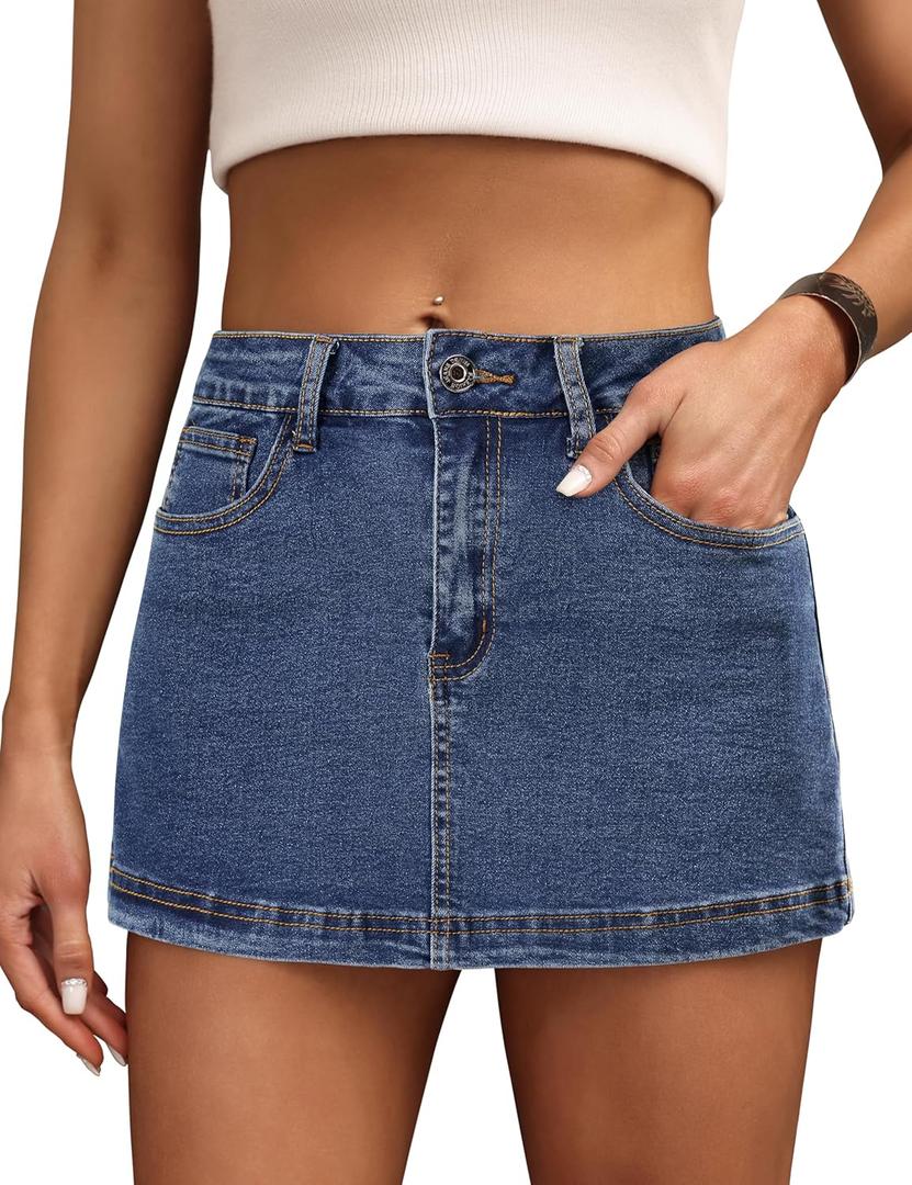 Denim Skort for Women High Waist Mini Denim Skirt Casual Stretch Women Jean Skirt with Pockets (X-Large, Dark Blue 01)