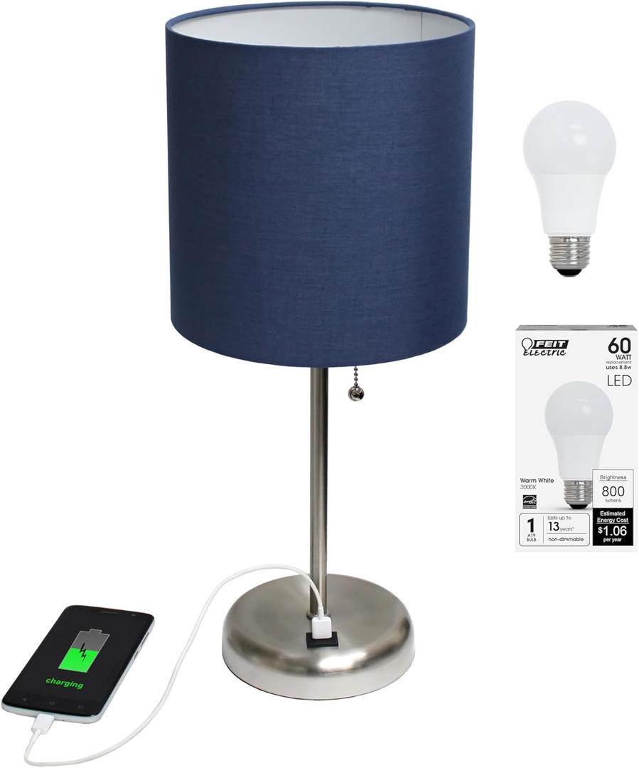 Simple Designs LT2044-NAV-LB Brushed Steel Stick Table Desk Lamp with USB Charging Port and Drum Fabric Shade for Living Room, Hallway, Nightstand, Office, Navy Blue Shade, With Feit LED Bulb Included