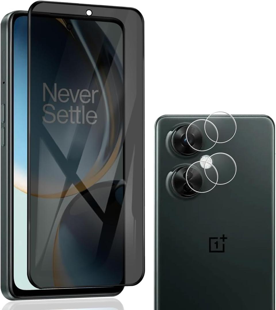 1 Pack Privacy Screen Protector for OnePlus Nord N30 5G/OnePlus Nord CE 3 Lite 5G 6.72" with 2 Pack Camera Lens Protector, 9H Hardness, Anti Spy Tempered Glass Film, Black Protector