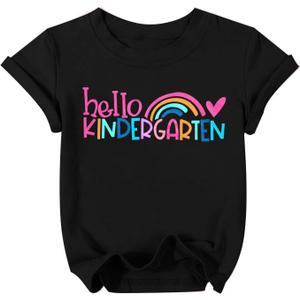 Hello Kindergarten Shirts for Kids First Day of School T Shirt Cute Back to School Short Sleeve Tee Tops (Black 1)