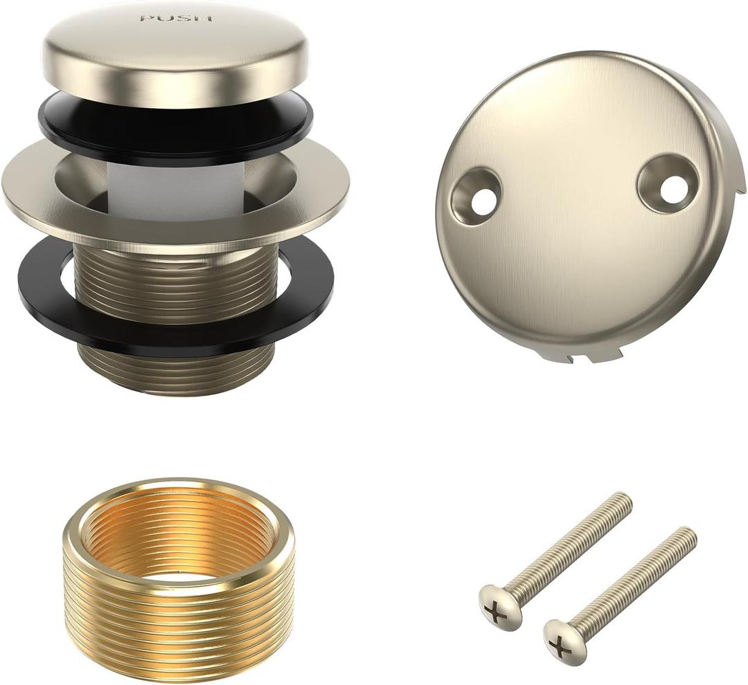 All Metal Tip-Toe Bathtub Drain Kit with Two-Hole Overflow Faceplate and Universal Fine/Coarse Thread Assembly, Bath Tub Drain Kit fits All Bath Tubs -Brushed Nickel