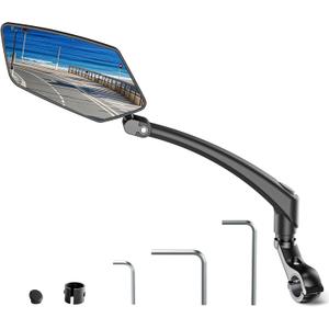 Bicycle Mirror for Handlebars 360 Adjustable and Rotatable, Wide E Bike Mirror Handlebar Mount with Long Arm, Safe HD Bike Rear View Mirror for Scooter, Motorcycle, Foldable Ebike Accessory Left 1PCS