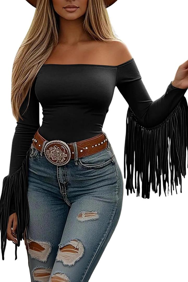 Off The Shoulder Fringe Tops for Women Western Cowgirl Outfits Stretchy Fall Long Sleeve Crop Tassel Shirts Y2K (Small, 01-black)