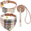 KOOLTAIL Small Dog Collar and Leash Set with Bowtie and Bells - Cute Puppy Bandana Collar and Leash with Classic Plaid Pattern, Soft Leather Tangle Free Leashes for Small Boys Girls Dogs,Cats,Beige XS (X-Small((Neck Girth 8"-10"))