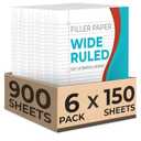 Rosmonde 900 Sheets Loose Leaf Paper, 6 Pack, Wide Ruled Filler PaperBulk Office Filler Paper, 8" x 10.5", 3 Hole Punched, 150 Sheets/Pack, Wide Ruled Notebook Paper for Binder, White