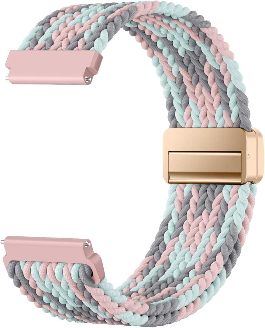 DaQin 20mm Magnetic Band for Garmin Vivoactive 5/Vivoactive 6/Vivoactive 3 Watch Bands, Braided Stretchy Soft Nylon Elastic Strap for Garmin Sq/Sq 2/Venu 2 Plus/Forerunner 165/55/245/645 Women Men (Gray Pink Blue)