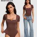 Avidlove Women's Short Sleeve Bodysuit Square Neck Body Suits One Piece T Shirt Summer Going Out Tops Date Outfits (Brown, S)