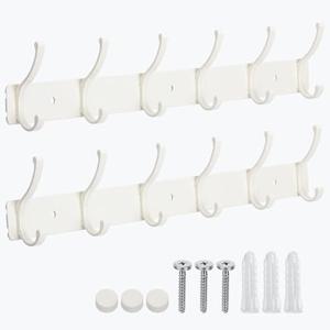 Dntorx Coat Rack Wall Mount, 2 Pack Coat Hooks Hanger Wall Double Hook Rack Rail Towel Hat Rack Entryway Bathroom Hanger Organizer for Robes, Clothes, Bags, Hat(White)