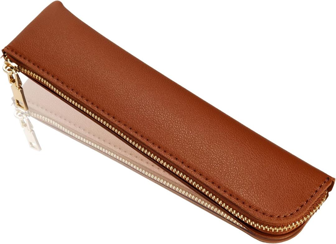 Leather pencil case, Thin soft pen bag, Small pencil case for adults, Senior leather Minimal pencil pouch with zipper. (Brown)