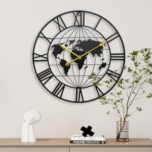 Large World Map Wall Clock, 30 Metal Minimalist Modern Clock, Round Silent Non-Ticking Battery Operated Wall Clocks for Living Room/Home/Kitchen/Bedroom/Office/School Decor (Black, 30 inches)