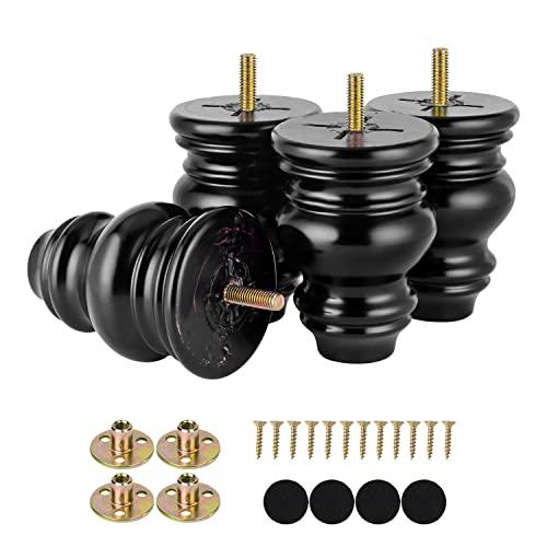 Michanco 4 Inch Black Wood Furniture Legs Set of 4 Round Replacement Wooden Bun Feet for Couch Sofa Ottoman Nightstands
